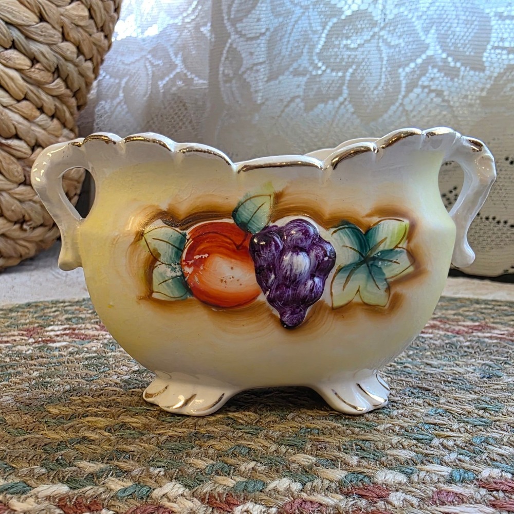 Japan Tilso‎ Footed Planter Small Yellow Fruit Motif Gold Trim Scalloped Edge